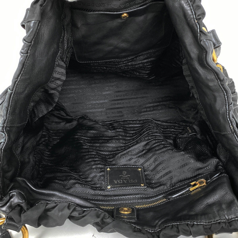 Prada Logo Chain Shoulder Bag Nappa Leather Gathered Nero Black - Picture 6 of 6